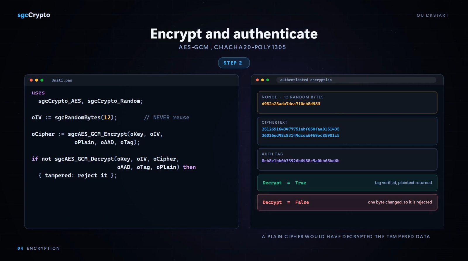 sgcCrypto quickstart: sgcAES_GCM_Encrypt and sgcAES_GCM_Decrypt in Delphi, with the nonce, ciphertext and tag, and a tampered message rejected on decryption
