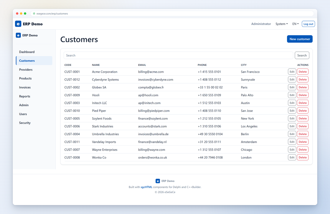 ERP customers grid, built with sgcHTML