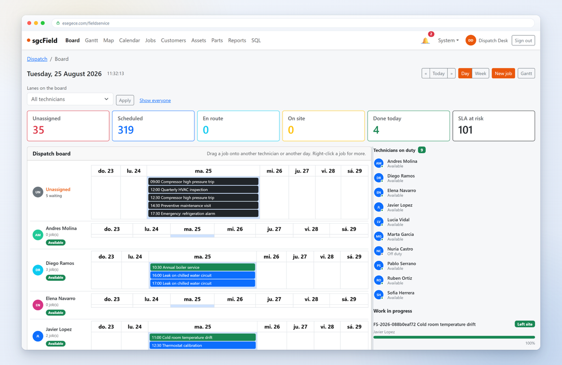 Scheduling boards: a Delphi web application built with sgcHTML, shown running in a browser.