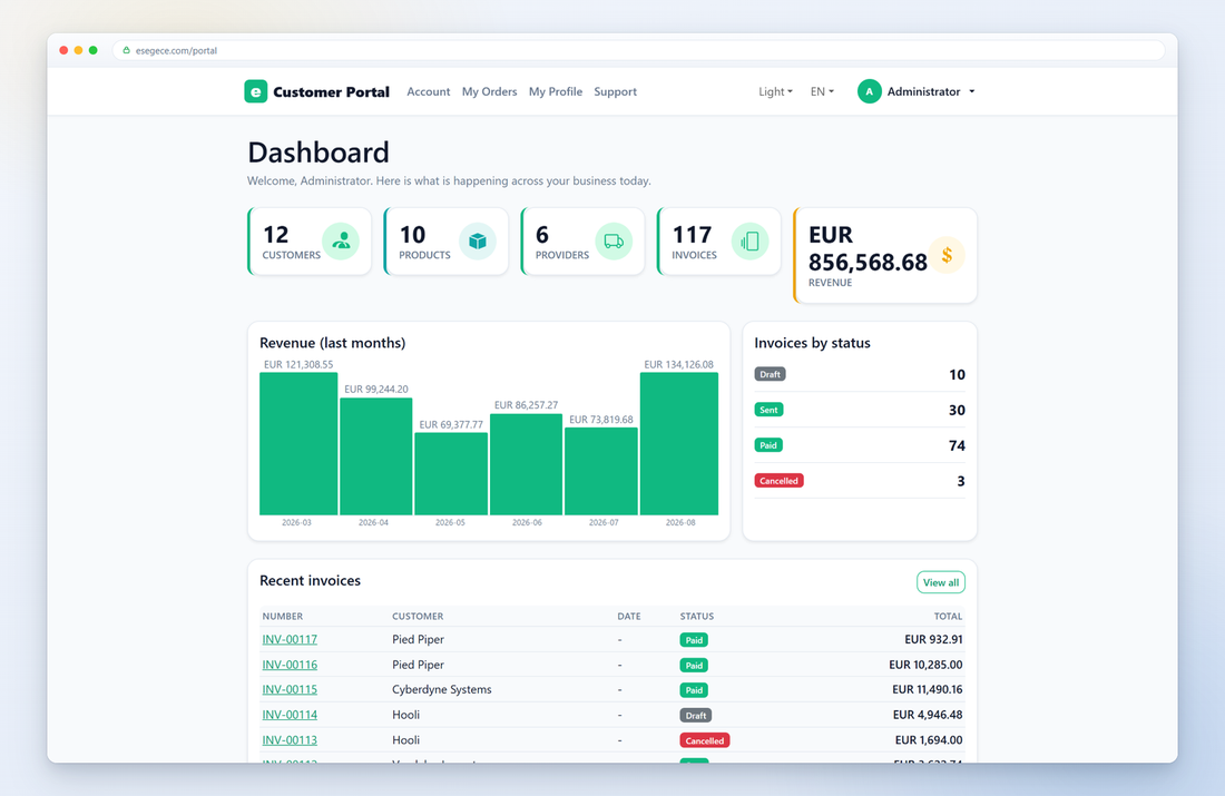 Portal do cliente: uma aplicação web Delphi construída com sgcHTML, mostrada rodando em um navegador.