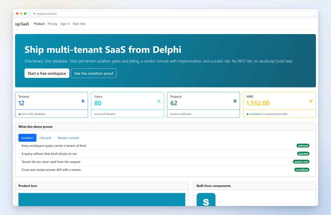 SaaS multi-tenant: un'applicazione web Delphi realizzata con sgcHTML, mostrata in esecuzione in un browser.
