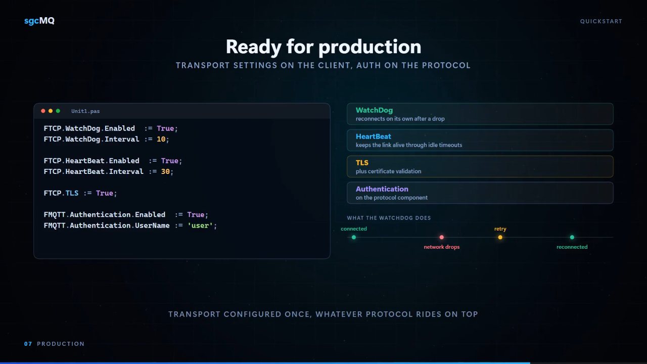Production settings on the TCP client: WatchDog, HeartBeat and TLS, with authentication on the protocol component