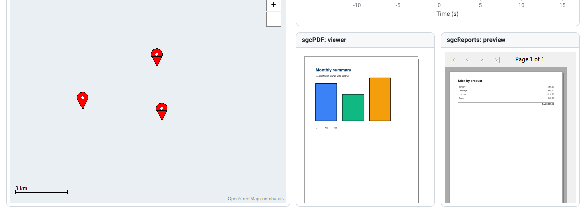 A map, a PDF viewer and a report preview hosted in dashboard tiles