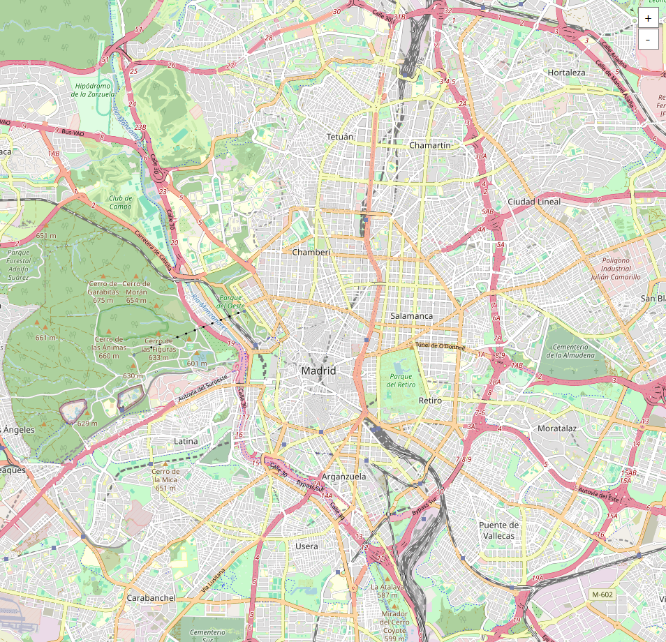 OpenStreetMap tiles of central Madrid drawn by the map control