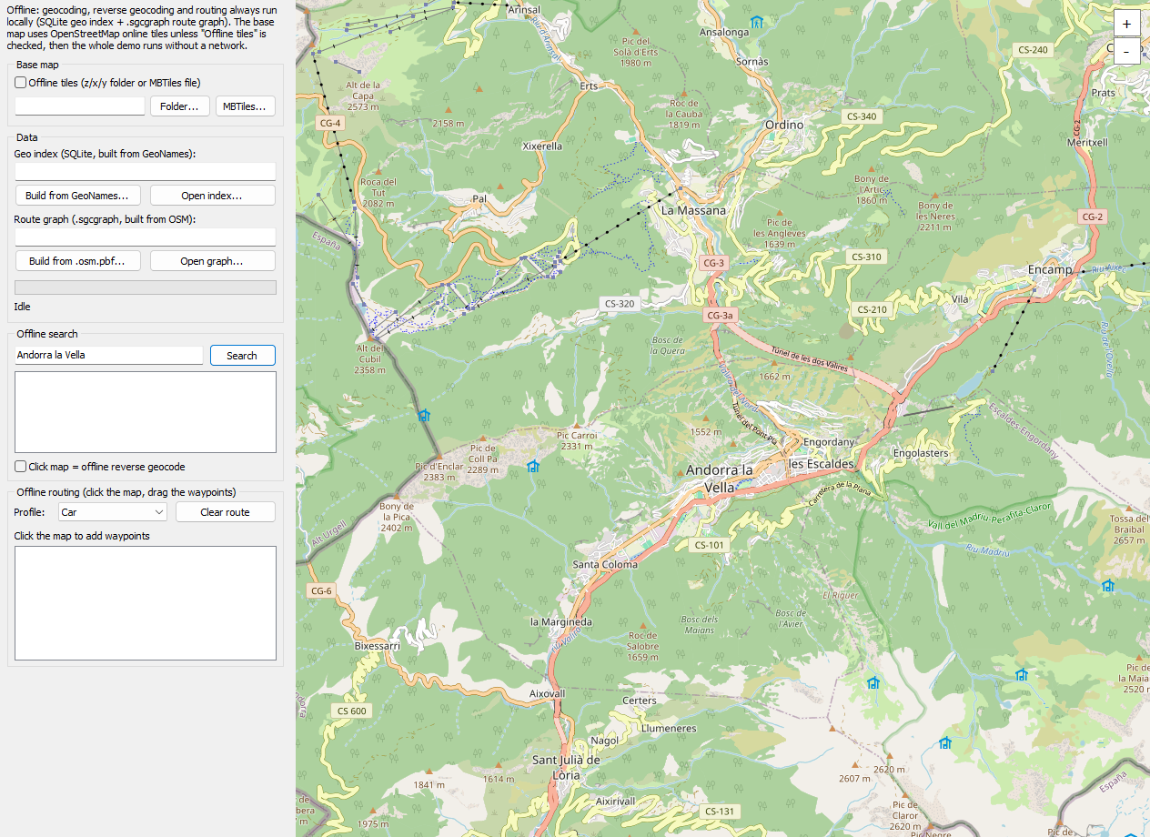 The OfflineServices demo: offline place search, reverse geocoding and car routing over a map of Andorra