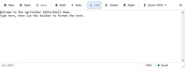 The EditorShell demo: Bold and Italic toggles, a Left, Center and Right radio group, a Zoom dropdown and line, zoom and save state panels