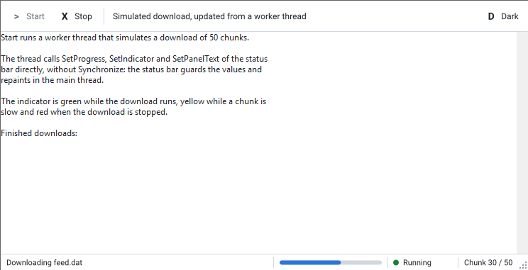 The LiveStatus demo: a worker thread simulates a download and feeds a text panel, a progress bar, a green Running indicator and a chunk counter in the status bar