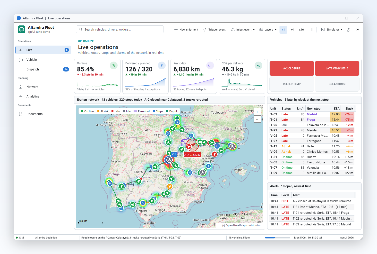 The same live operations view in the light theme: KPI cards, alarm tiles, national map with vehicles and routes, vehicle grid and alerts