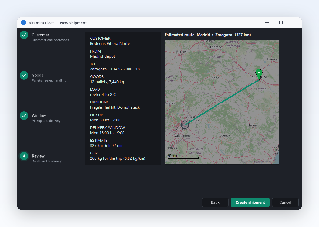 Ein Assistent für neue Sendungen mit der geschätzten Route auf einer Karte.