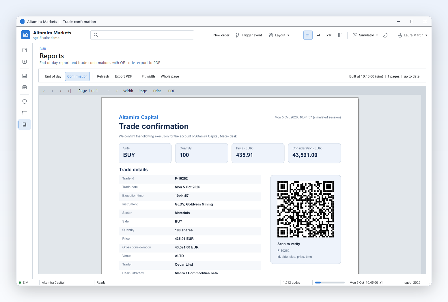 Handelsbestätigungen im Code erstellt und als PDF exportiert, QR-Code inklusive.