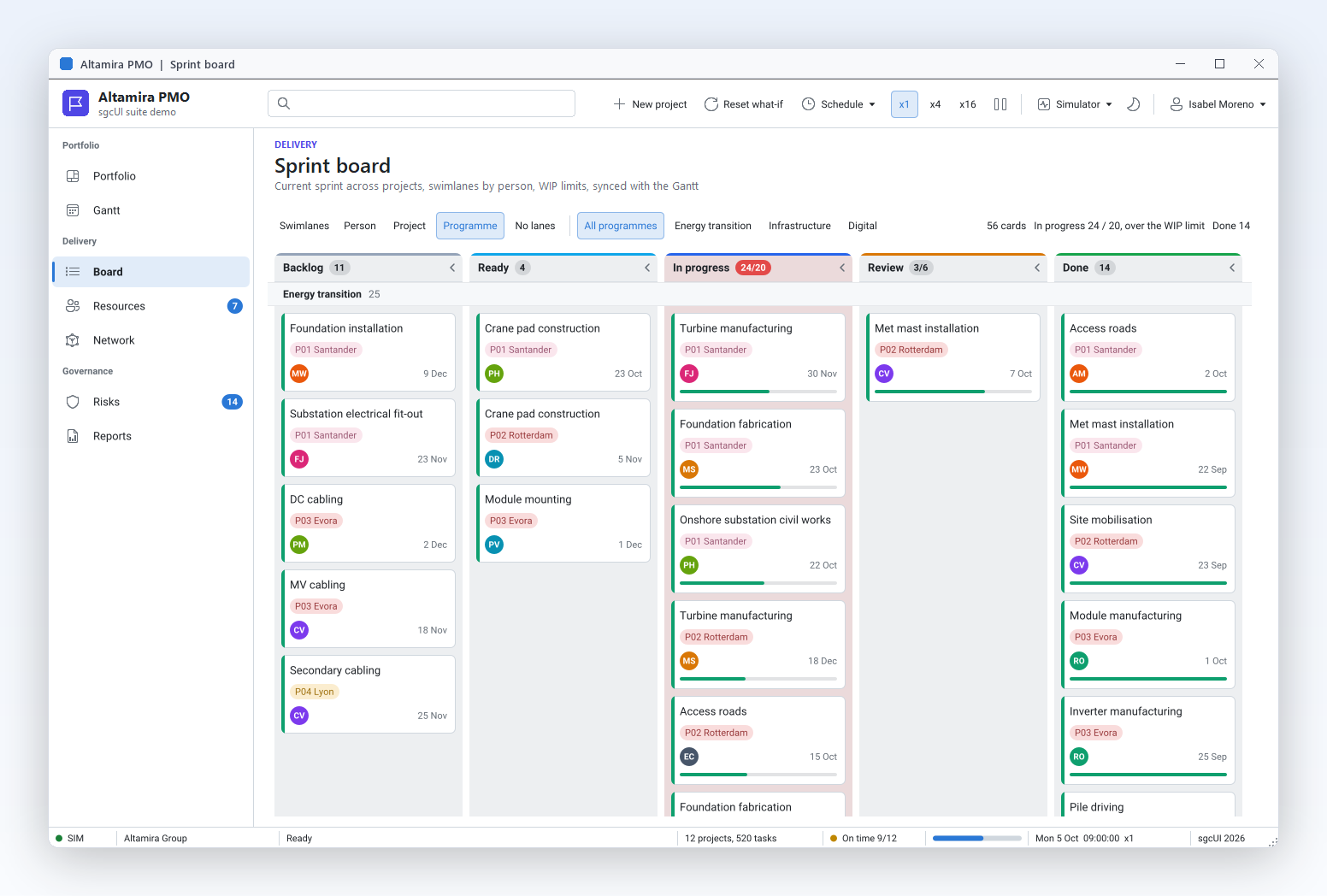 Sprint board with WIP limited columns and project coloured cards, kept in sync with the Gantt