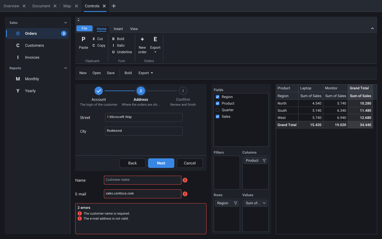 Navigation bar, ribbon, wizard and pivot grid, Classic dark