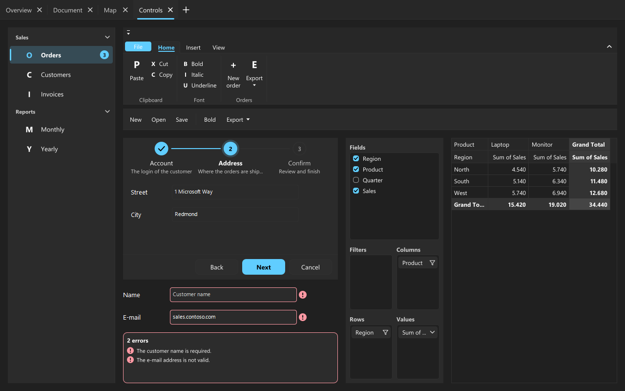 Navigation bar, ribbon, wizard and pivot grid, Fluent dark