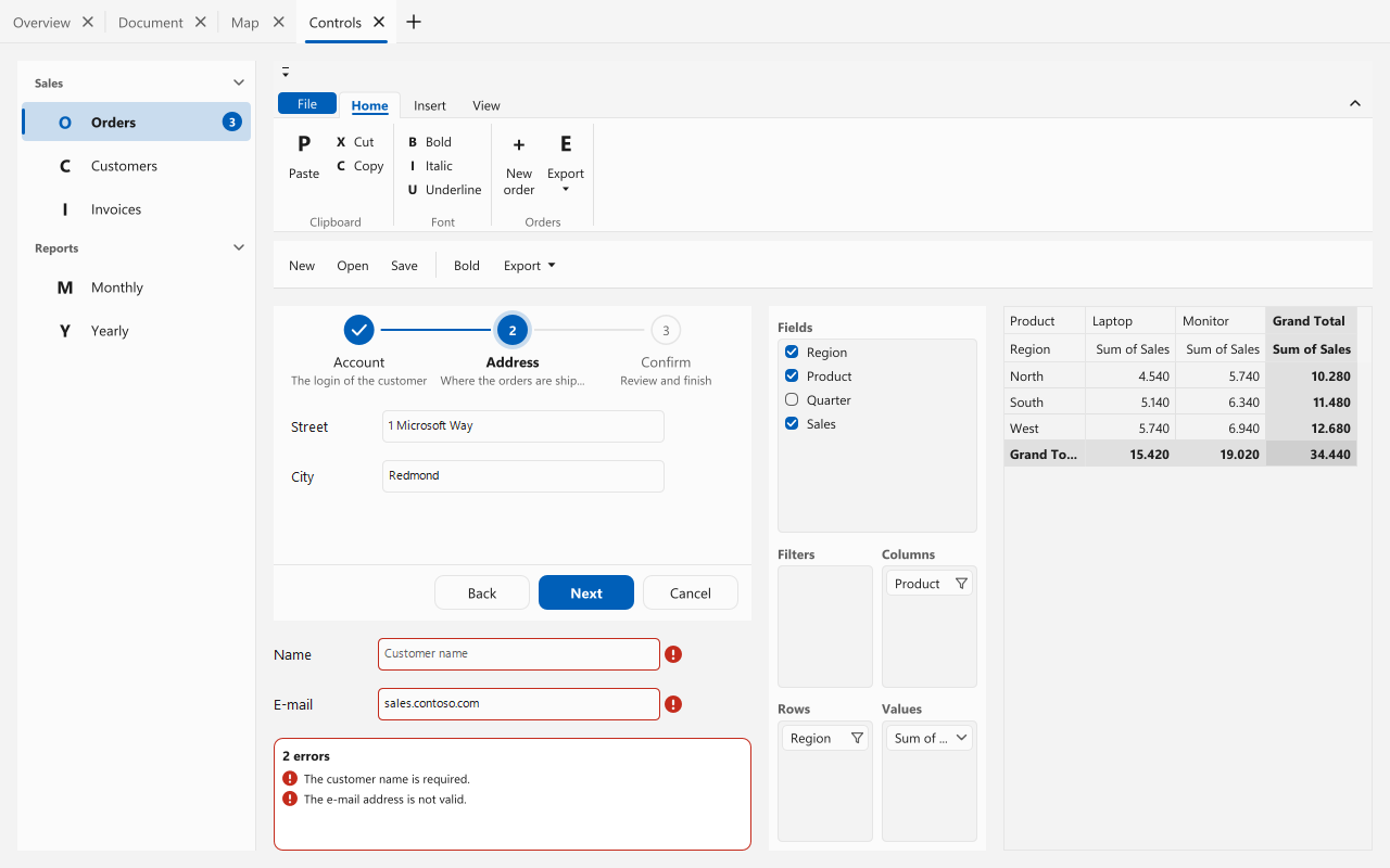 Navigation bar, ribbon, wizard, pivot grid and validation with the Fluent preset, light