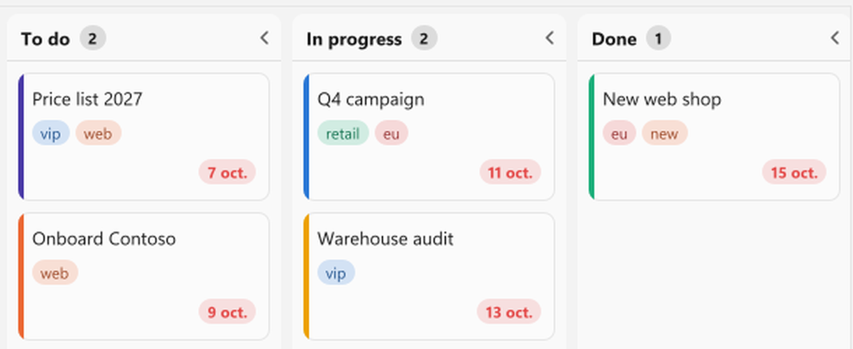 Kanban board with the Fluent preset, zoomed in