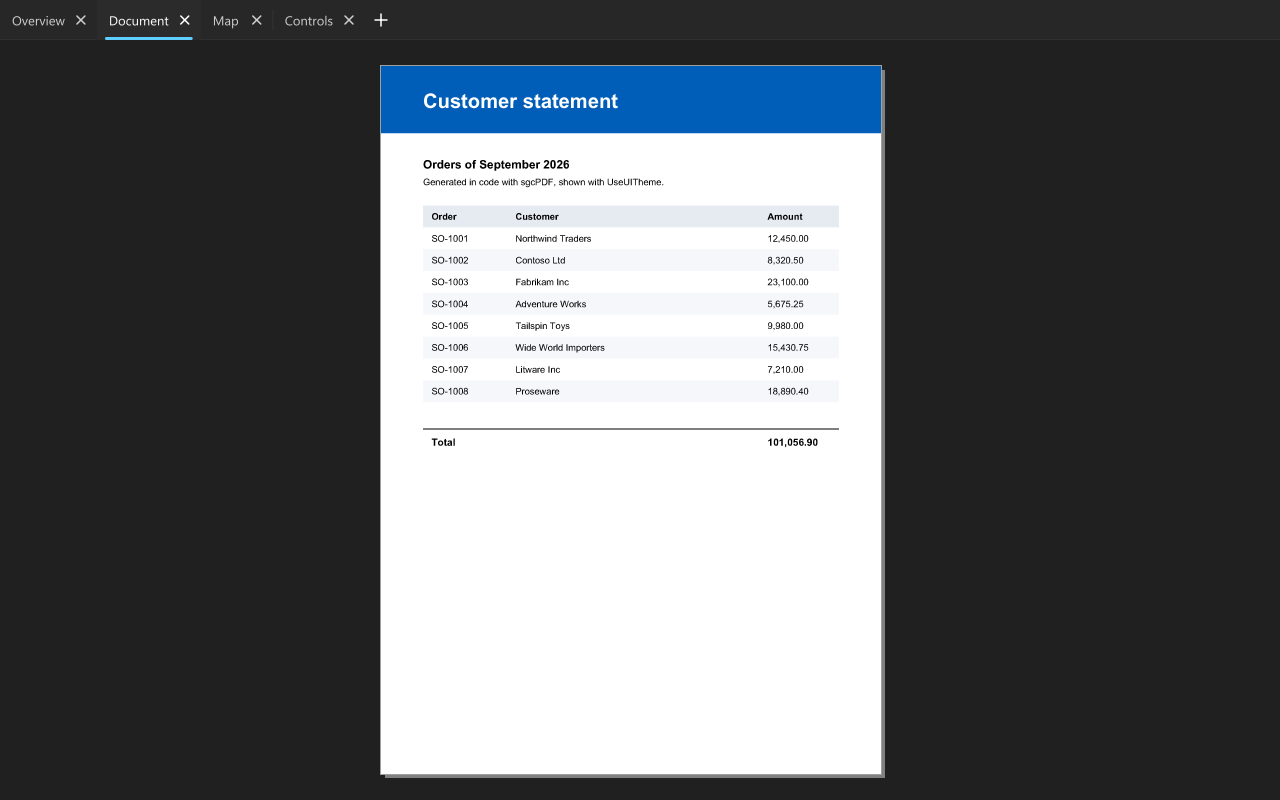 sgcPDF viewer following the Fluent theme, dark