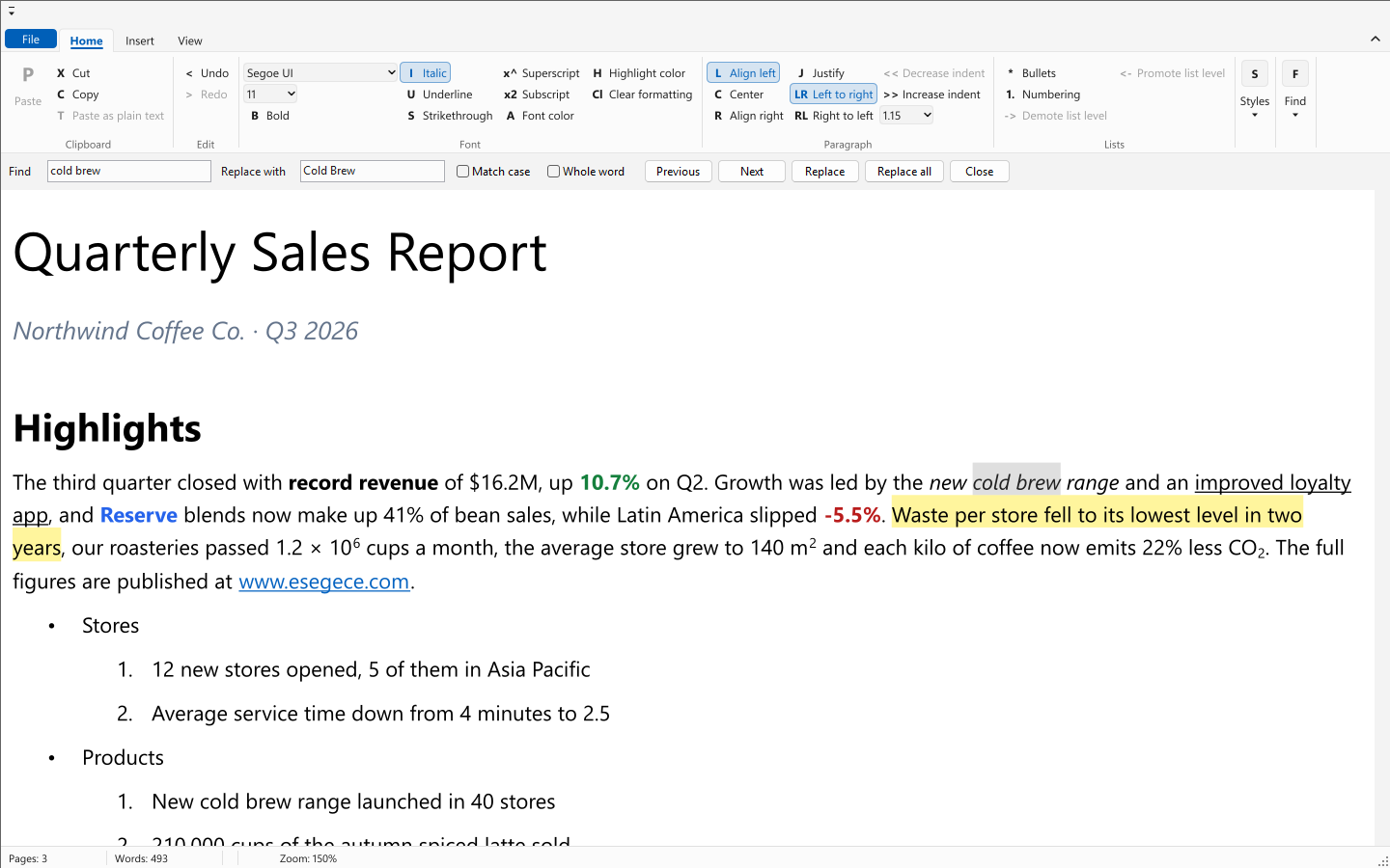 The find and replace bar of the Editor demo