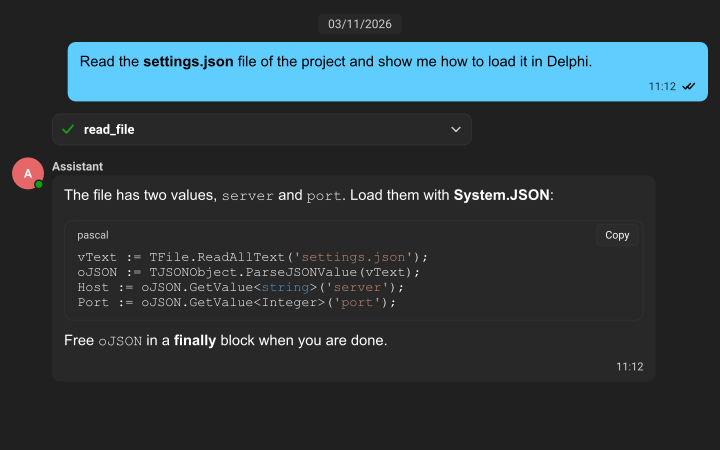 The same AI assistant conversation in the dark Fluent theme