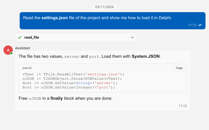An AI assistant conversation with a tool call card and a highlighted Pascal code block