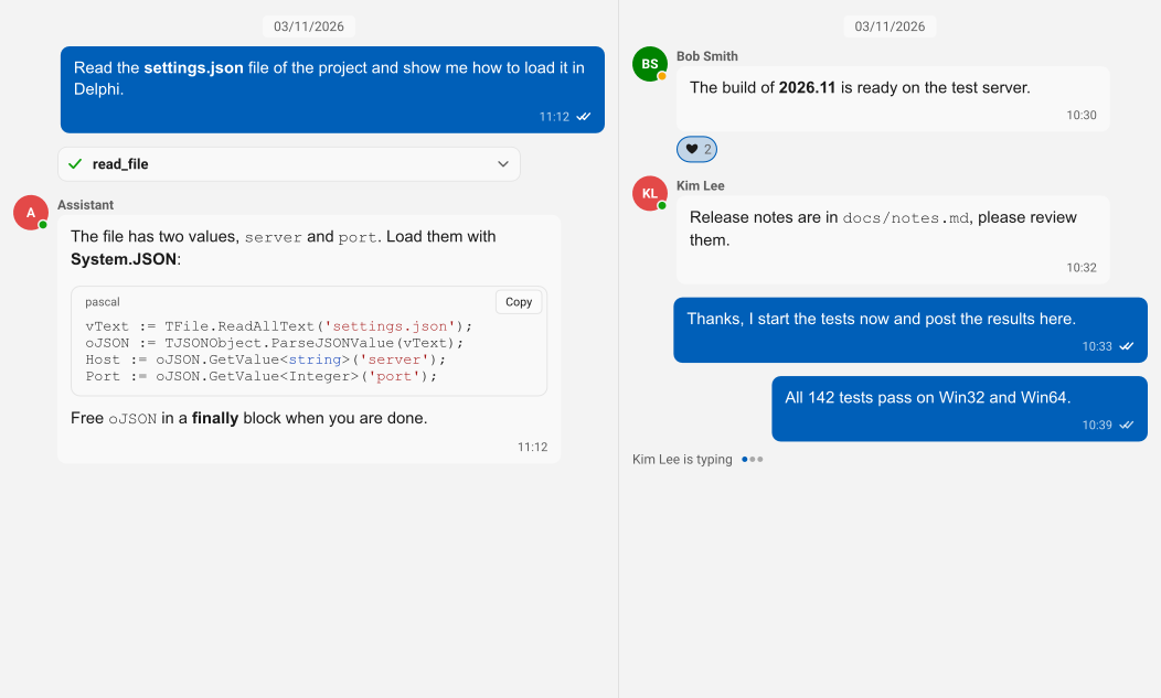 sgcChat with an AI assistant conversation next to a team chat