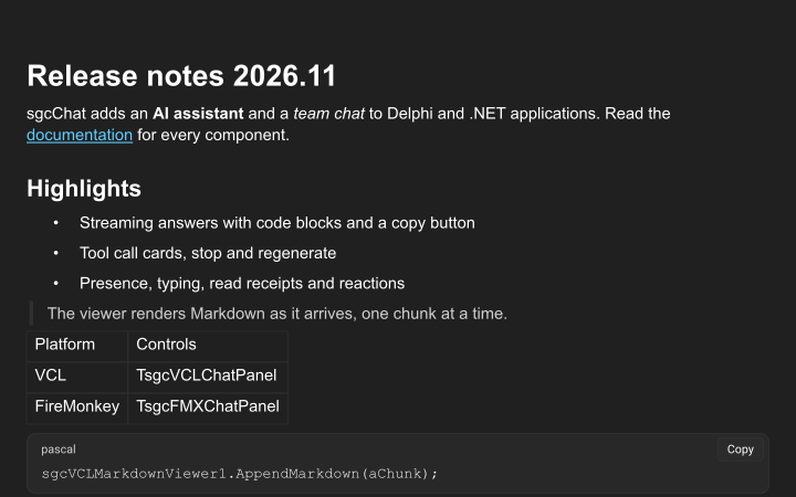 The Markdown viewer in the dark Fluent theme