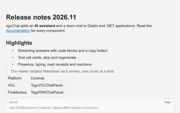 The Markdown viewer with headings, a list, a quote, a table and a code block