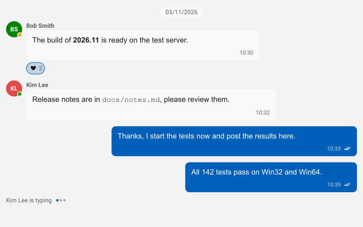 A team chat with avatars, presence, a reaction, read receipts and a typing indicator