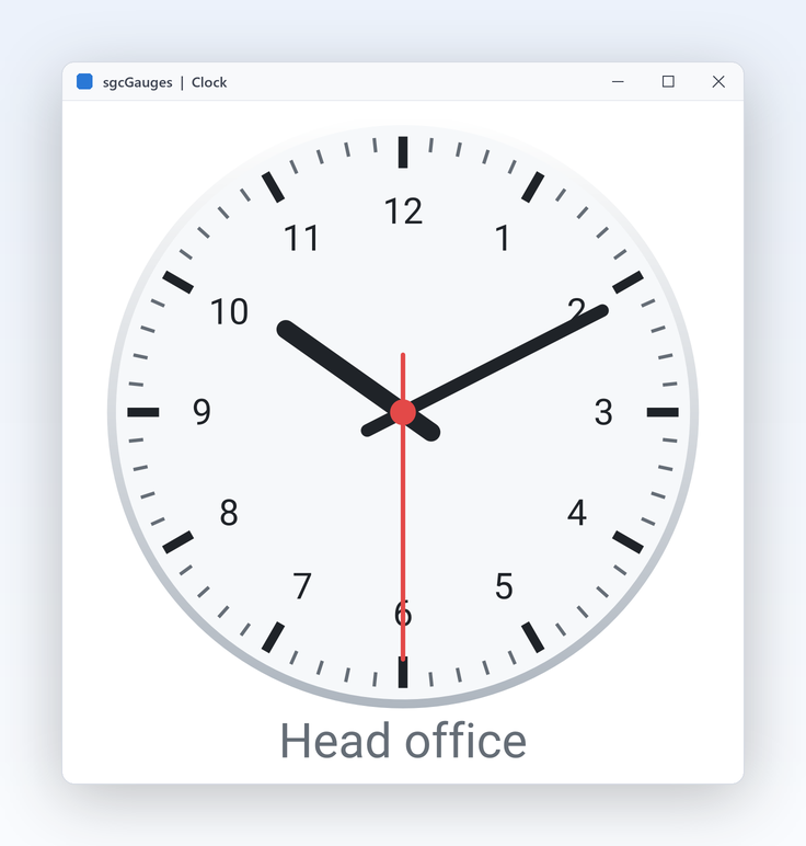 A clock gauge with hour, minute and smooth second hands (Registered).