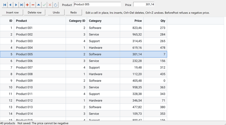 DataSetEditing demo: a TDBNavigator and two TDBEdits on the same records as the grid, with a category lookup column