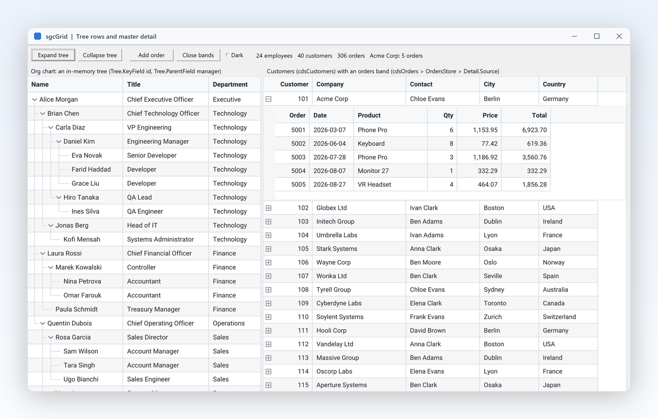 Show hierarchies with tree rows and detail bands