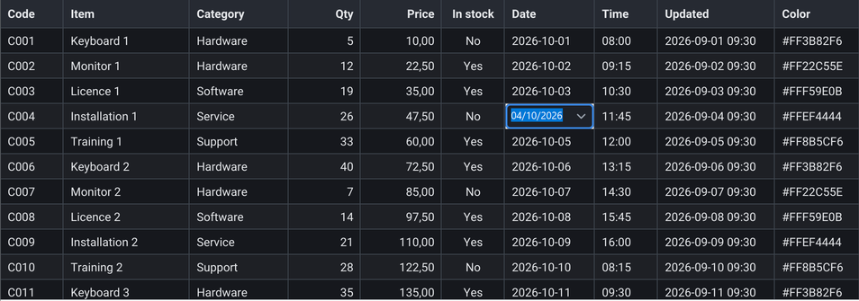 Editing demo in the dark theme with a date picker open in the Date column