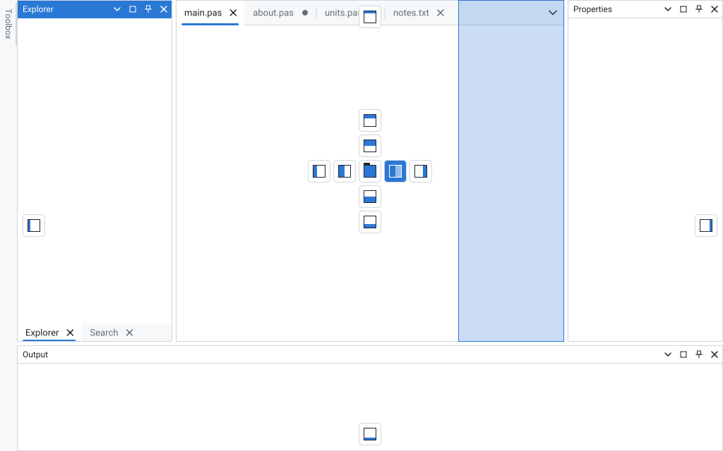 Área de docking com Explorer e Search em abas à esquerda, uma faixa Toolbox com ocultação automática, quatro abas de documento, Properties à direita e Output na parte inferior, com as guias de soltar e o retângulo de pré-visualização na metade direita dos documentos enquanto Output é arrastado