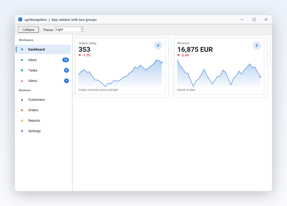 SidebarApp-Demo mit einer Seitenleiste aus 8 Einträgen in den Gruppen Workspace und Business, Dashboard ausgewählt und zwei KPI-Karten rechts