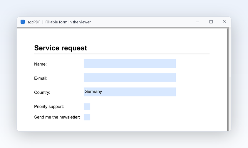 A service request form with text fields and check boxes, filled in the sgcPDF viewer