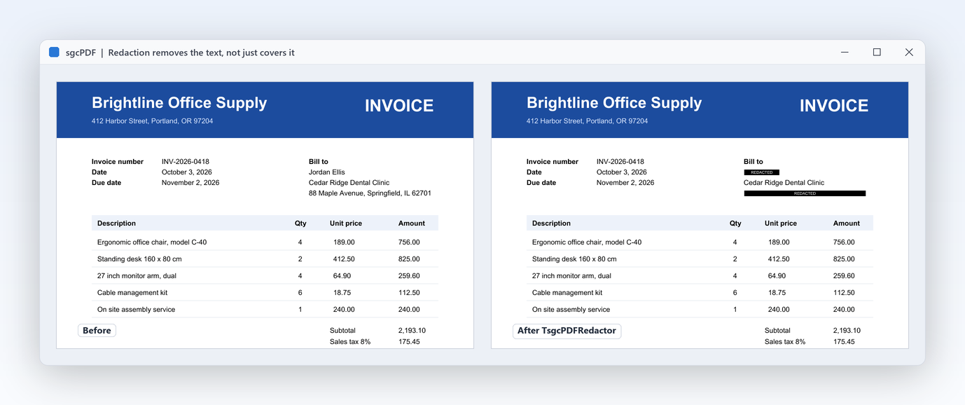 An invoice before and after TsgcPDFRedactor: the customer name and address are removed and marked REDACTED
