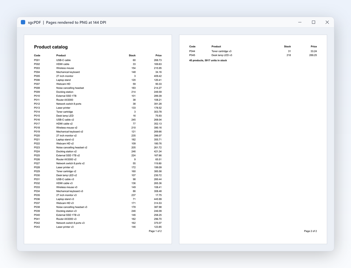 Two catalogue pages rendered to PNG at 144 DPI by the raster renderer