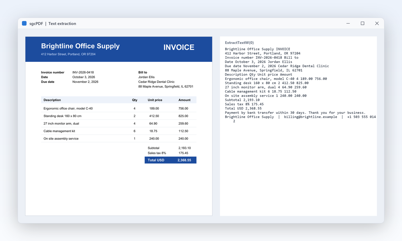 An invoice PDF next to the plain text that ExtractTextW returned for its first page