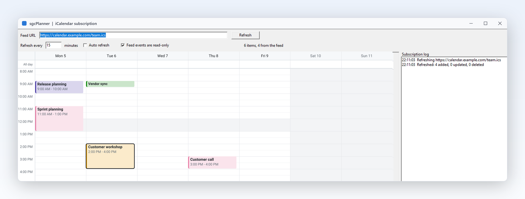 ICalSubscription demo with a holiday calendar merged into the Scheduler