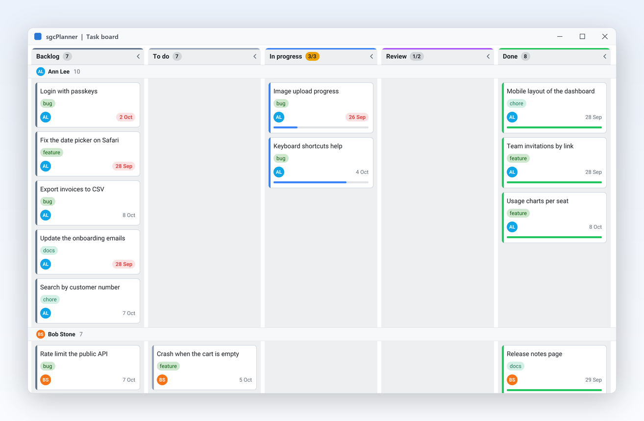 Kanban board with five status columns, tags, owner initials, due dates and progress bars