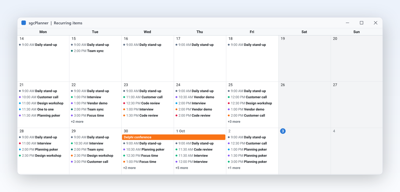 Month view with a weekly Tuesday stand up on every Tuesday