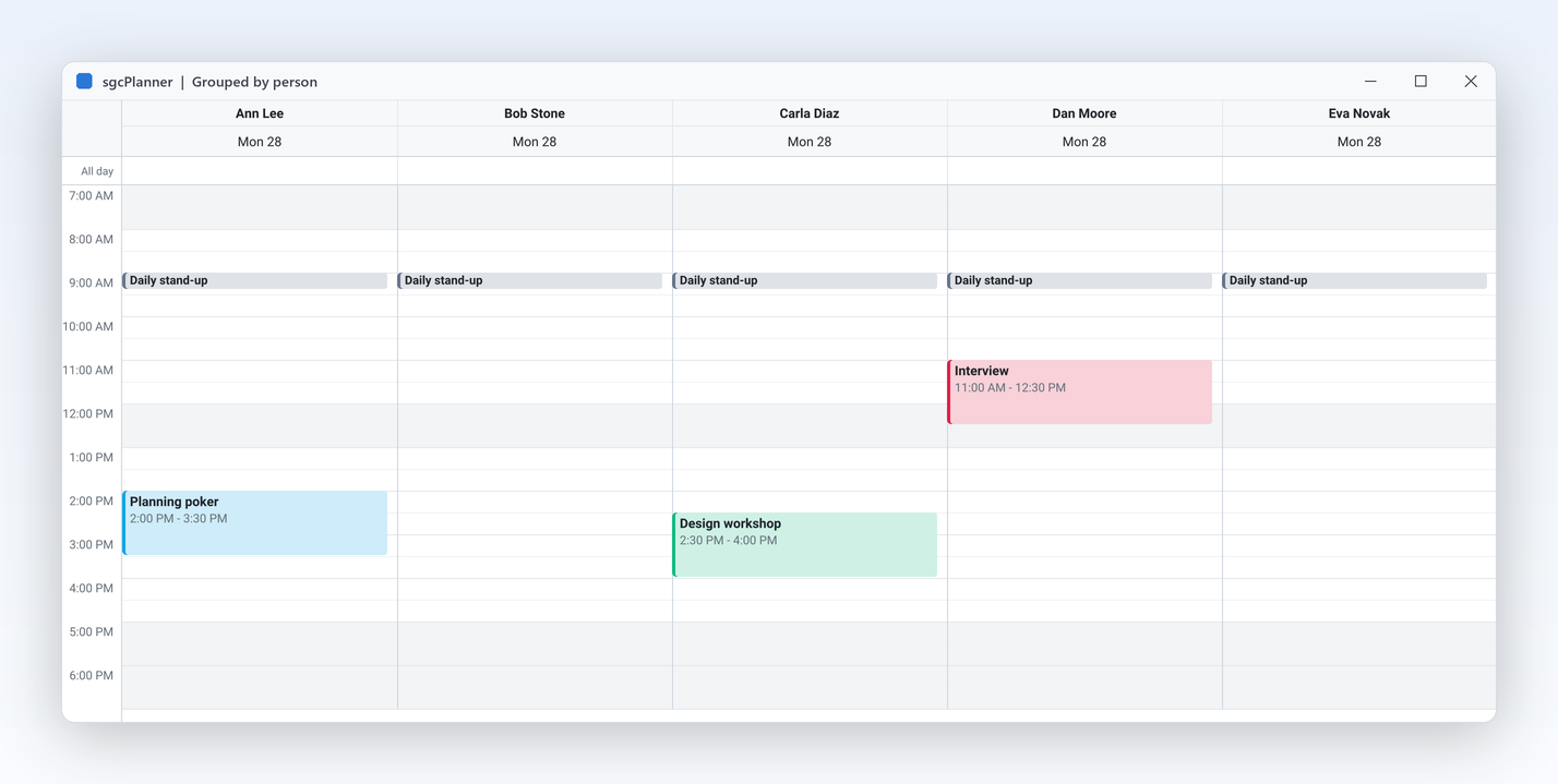 A day view grouped by person, one column for each of five people