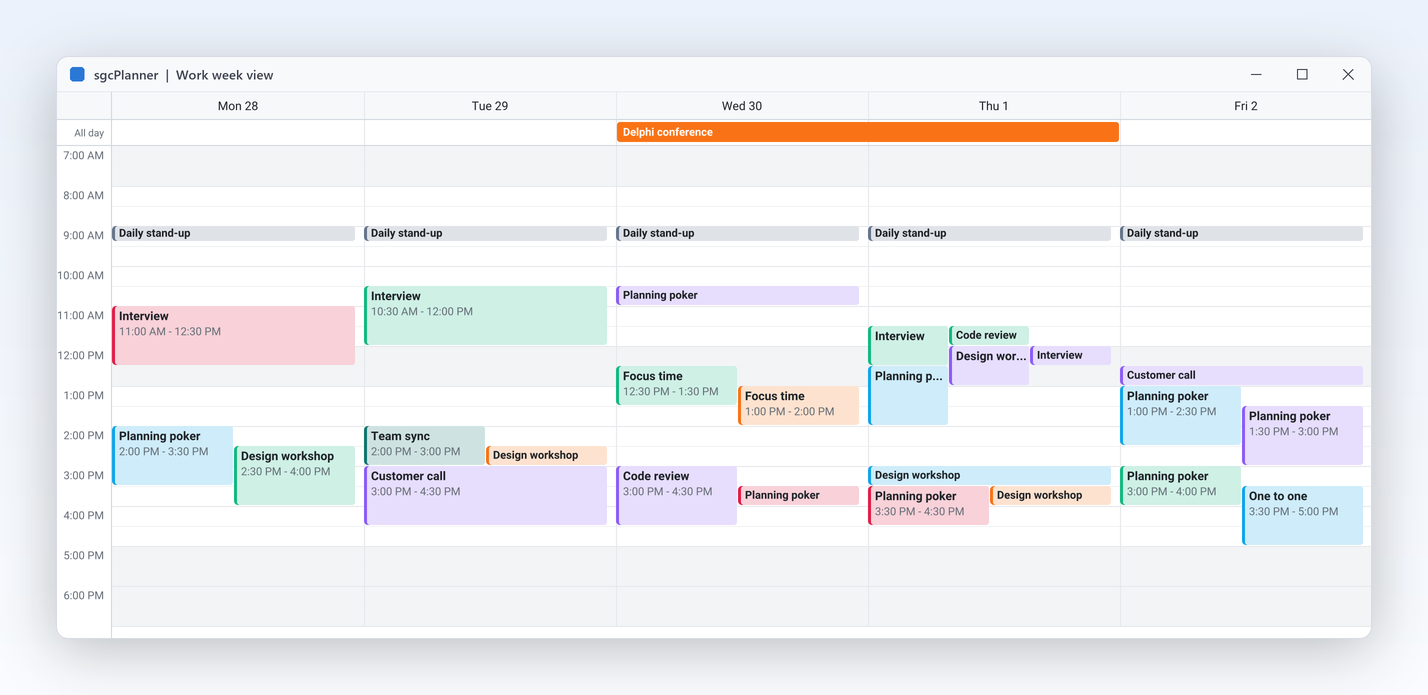 TsgcVCLScheduler work week view