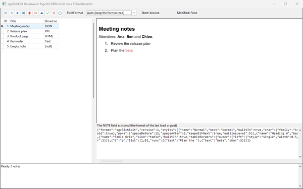 La demo DataAware con l'elenco delle note e il documento del record selezionato