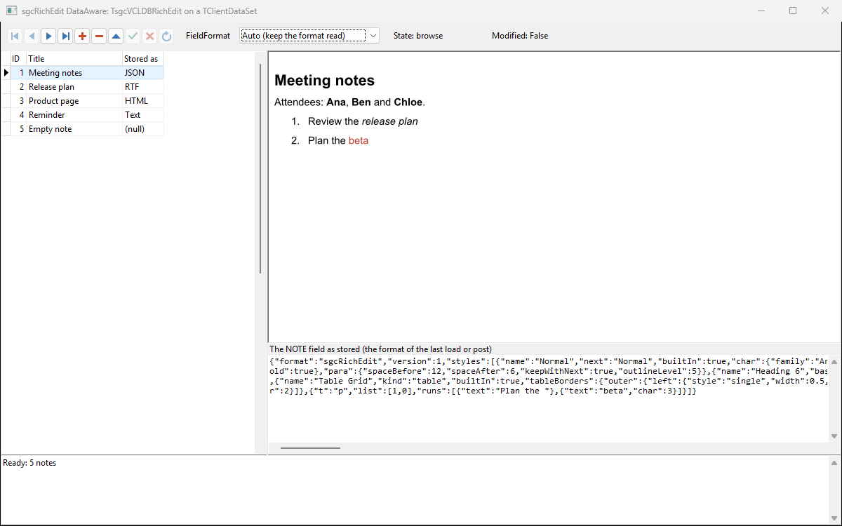 The DataAware demo with the note list and the document of the selected record