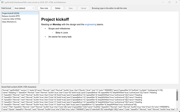 La demo DataAwareFMX con note salvate in JSON, RTF, HTML e Markdown