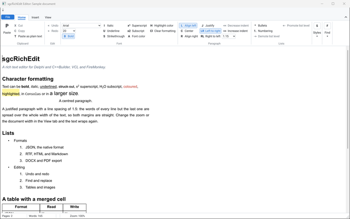La demo Editor VCL con la barra multifunzione e il documento di esempio