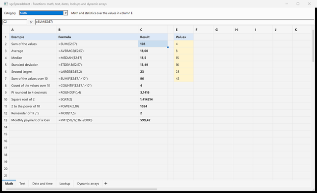O demo Functions com fórmulas matemáticas e os seus resultados, uma planilha por categoria