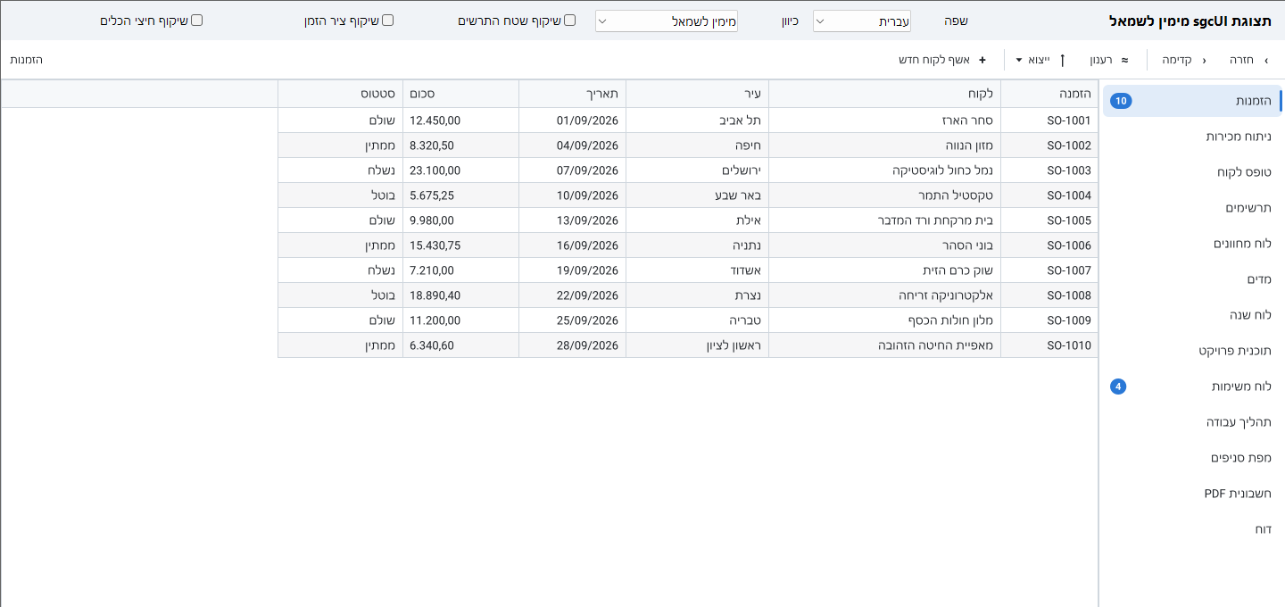 The sgcUI right to left demo on Delphi VCL in Hebrew, with an orders grid whose first column is at the right